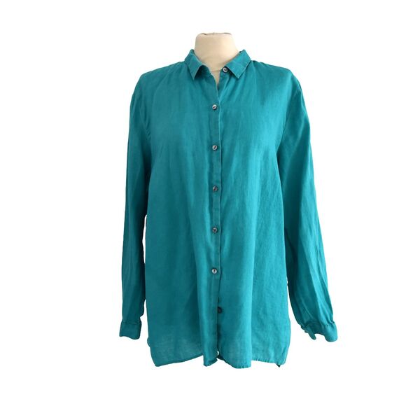 J Jill Womens Plus XL Shirt 100% Linen Tunic Button Front Teal Collar Work - Picture 1 of 9